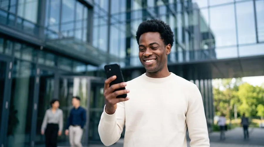 Business owner smiling at his phone outside an office