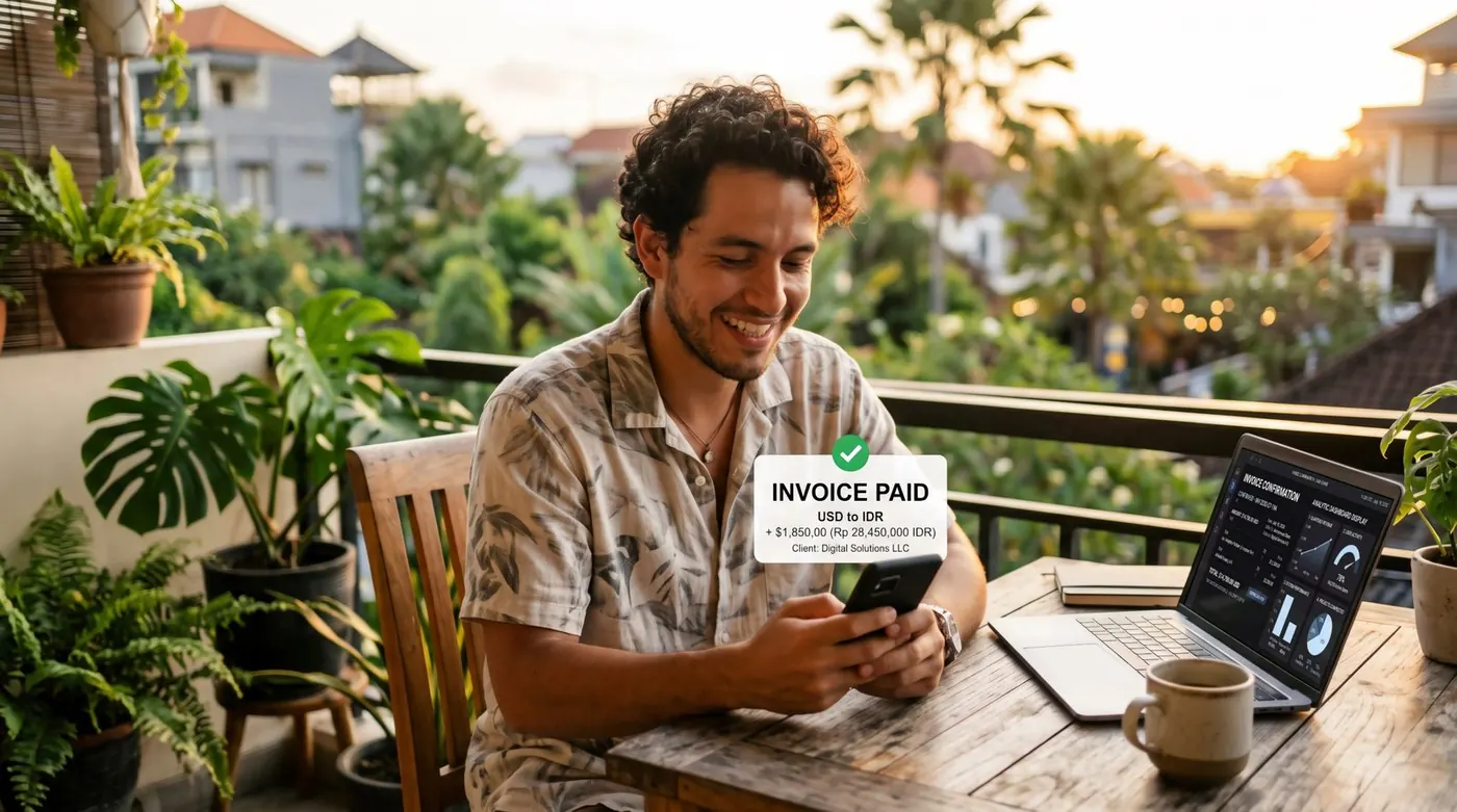 Business owner getting paid across currencies on his phone